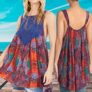 FREE PEOPLE Count Me In Trapeze Mini Dress Paisley Top Hot Red Combo Small NWT